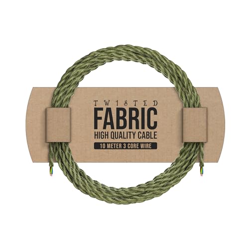 Cable flexible vintage de 10 metros, cable eléctrico de tela trenzada de 3 núcleos para múltiples usos en lámparas, lámpara antigua antigua, luces colgantes, otros (Verde militar)