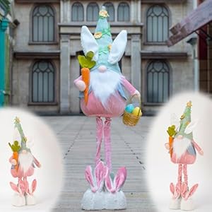 Unanscre large easter bunny gnome plush elf decoration standing rabbit gnome wretractable spring legs26 36 handmade hold easter eggs basket carrot doll for easter ornament home decor  urban country home decor