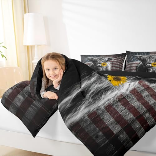 Image of Feelyou Highland Cattle Bedding Set Sunflower Highland Cow Comforter Set for Kids Boys Girls America Flag Bull Comforter Animal Quilt Set 1 Comforter Set with 1 Pillowcase Toddler Size
