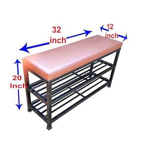 Image of Metal Shoe Rack Bench for Entryway | 2-Tier Shoe Organizer with Comfortable Cushion | Multipurpose Hallway Storage Furniture (Black, Heavy Duty Steel)