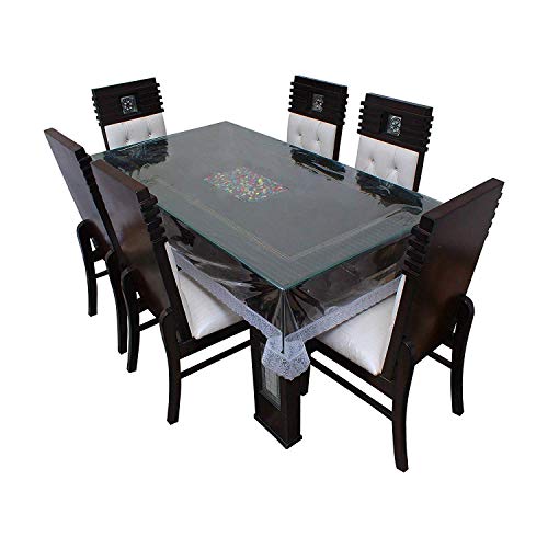 HOMECROWN 6 Seater Waterproof Dining Table Cover Transparent PVC Plastic Cover with Embroidered Silver White Lace Border Size 90 X 60 Inches Clear Color