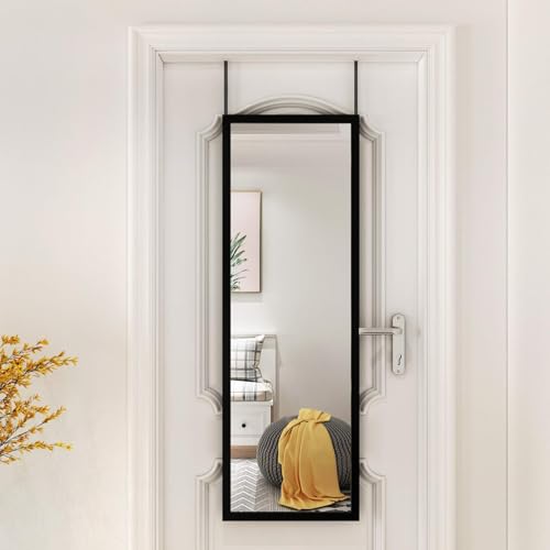 Image of whitebeach Full Body Length Door Hanging Wall Mounted Mirror with 2 Metal Hangers for Bedroom Living Room Bathroom(Black, 48 * 16 inch)