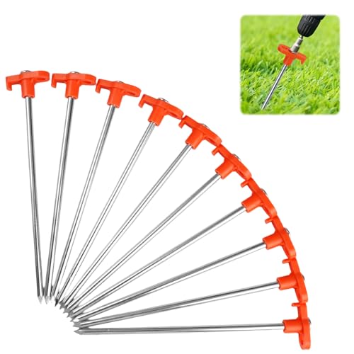 10 Piquetas Camping Suelo Duro en Metal con Mango Fluorescente Ergonómico 18cm Resistente Impermeables y Anticorrosión Seguro y Fiable Sin Rosca para Bosques, Pradera, para Acampar y Outdoor (Naranja)
