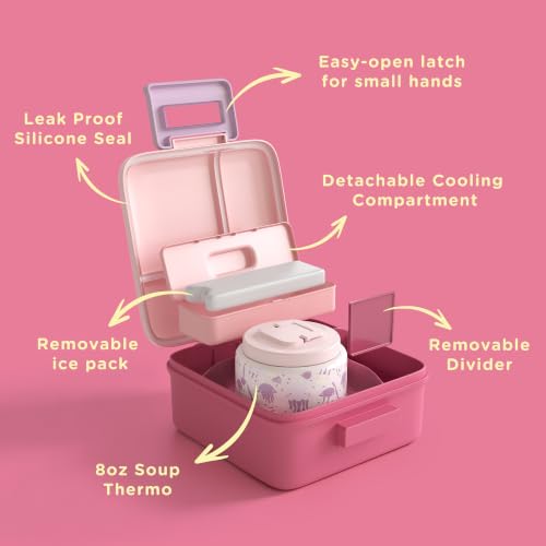 Image of JXXM Bento Lunch Box for Kids with 8oz Soup Thermo,Leak-Proof Lunch Containers with 5 Compartment,Thermo Food Jar Food Containers for School (Pink-Jellyfish)