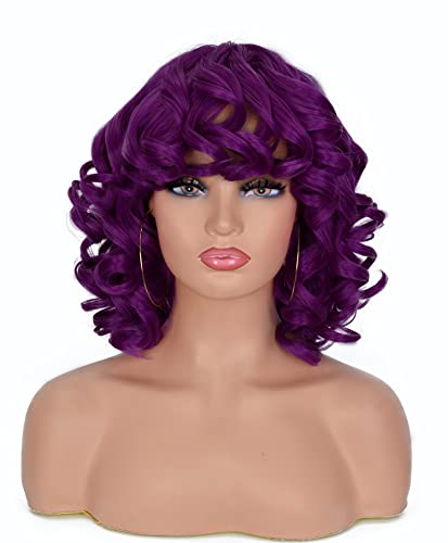 ANNIVIA Galaxy Purple Short Curly Wigs with Bangs for Women Kinky Curly Hair Wig Big Bouncy Fluffy Curly Wig