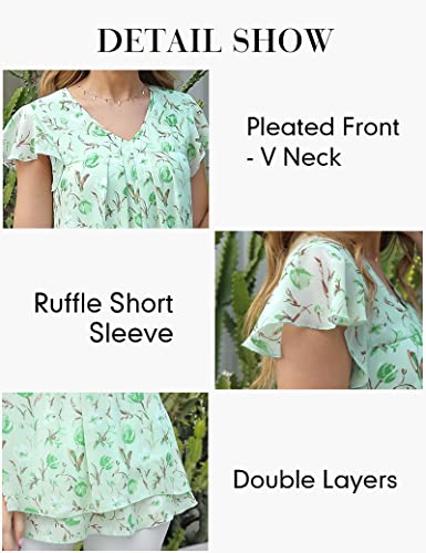 Youtalia Womens Blouses Dressy, Ladies V Neck Short Sleeve Floral Blouse Fancy Tunic Tops For Women To Wear With Leggings Chiffon Top For Work Maternity Shirt Layers Swing Tunic Top Floral Green Large #TOP4