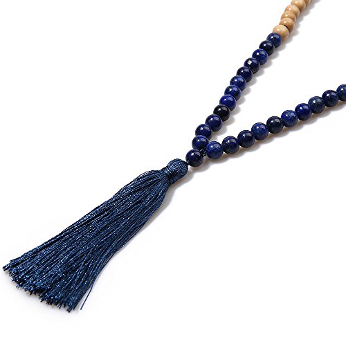 BALIBALI 8MM Semi-Precious Gem Stones Wood Mala Bead Necklace Multicolor Tassel Charms Chain Necklace Handmade Beaded Pendant Necklace for Women Men3