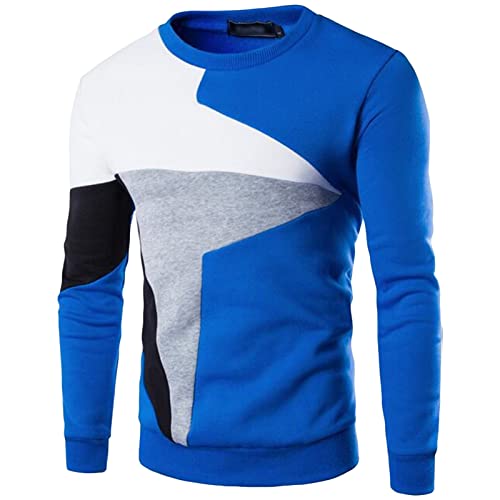 Mens Color Block Sweatshirt Pullover Fall Crewneck Comfort Long Sleeve Tops Casual Patchwork Fleece Sweaters (X-Large,Blue)