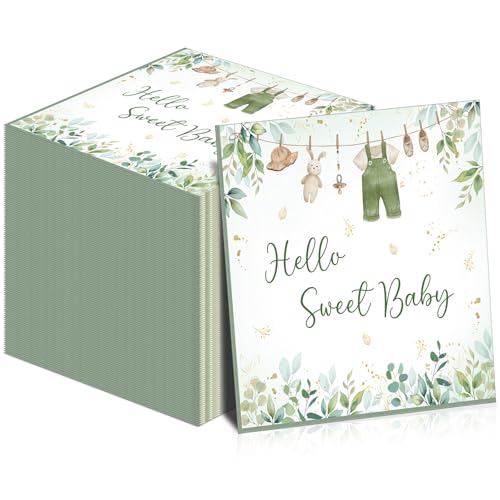 Yeaqee 100 Pcs Greenery Baby Shower Napkins, 3 Ply Botanical Paper with Plant and Baby Clothes Print, 5 x 5 Inch Disposable Napkins for Greenery Theme Party Supplies, Sage Green