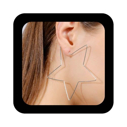 Boho Large Hoop Earrings - Silver Star Dangle Earrings - Big Hollow Star Earrings - Geometric Star Drop Earrings - Women's Jewelry