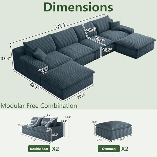 Image of 136 inch Cloud Couch Modular Sectional Sofa for Living Room, U-Shape Boneless Couch with Deep Seat, Modern Corduroy 4-Seater with Ottomans, No Assembly Required, Blue