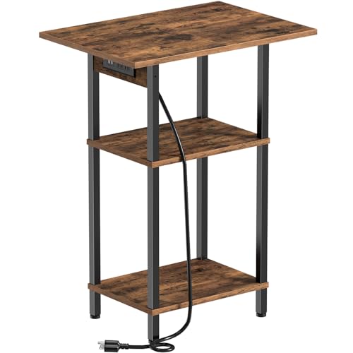 Asgolion Tall End Table with Charging Station, Skinny Nightstand with USB Ports and Outlets, 3 Tier Narrow Side Table with Storage for Bedroom, Living Room, Office, Rustic Brown and Black