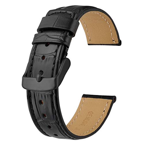 Anbeer Watch Band 20mm with Black Buckle, Alligator Grain Leather Replacement Strap for Men-Black