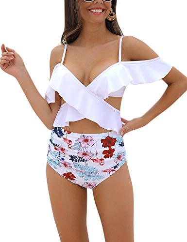 Blooming Jelly Women's Ruffle High Waisted Bikini Sets Sexy Ruched Two Piece Swimsuits Off Shlouder Bathing Suit(Medium,White)