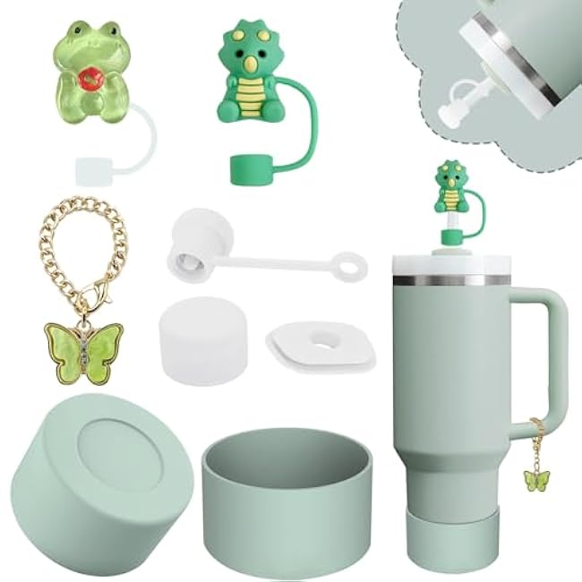 Stanley Cup Accessories Set,Including 2 Pcs 0.4in Straw Cover, 1 Silicone Spill-Proof Stopper Set of 3, 1 Cute Flower Handle Charm, 1 Silicone Boot Fits Stanley 40&30 Oz Tumbler (Cream)