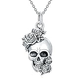 SLIACETE Skull and Roses Necklace 925 Sterling Silver Vintage Skeleton Jewelry Gifts For Women Wife Mom
