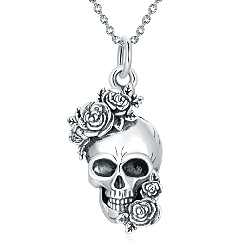 Skull Pendant Necklace 925 Sterling Silver with Birthstones/Synthetic Moonstone/100 Languages Stone Gothic Jewelry Halloween Gifts for Women Wife Mom