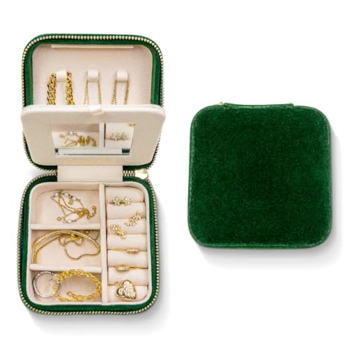 Benevolence LA Jewellery Box for Women | Travel Jewellery Box | Small Jewellery Case Organiser | Velvet Jewellery Organiser | Earring Organiser Box with Mirror - Emerald