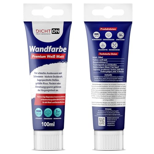 DICHTON Wandfarbe Ausbessern weiß mit Schwamm 100ml Tube einfaches Auftragen, höchste Deckkraft, hohe Reichweite - Innenfarbe scheuerfest, emissionsarm, spritzarme Ausbesserungsfarbe D.63W DICHTON Wandfarbe Ausbessern weiß mit Schwamm 100ml Tube einfaches Auftragen, höchste Deckkraft, hohe Reichweite - Innenfarbe scheuerfest, emissionsarm, spritzarme Ausbesserungsfarbe D.63W