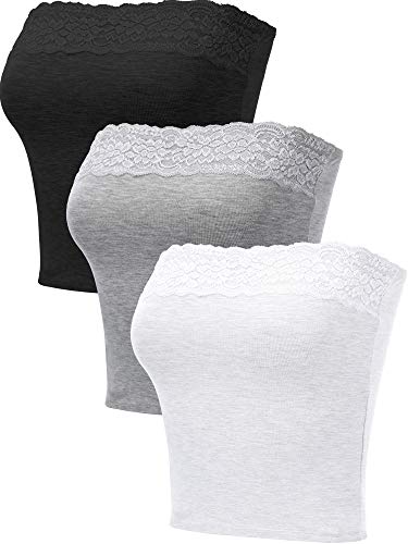 3 Pieces Women's Floral Lace Tube Top Bra No Pads Tube Bra Strapless Bras Seamless Stretchy Chest Wrap (L)