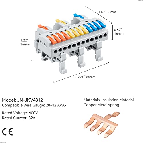 Jandeccn 4Pcs Din Rail Terminal Blocks, Diy Splicing Wire Connectors For Circuit Inline 28-12Awg (3 In 12 Out) #TOP4