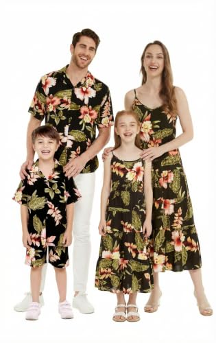 Image of Family Matching Hawaiian Clothes, Black Rafelsia | Lightweight 100% rayon • Family matching outfits • Beach vacations • Luaus • Cruises • Family photos