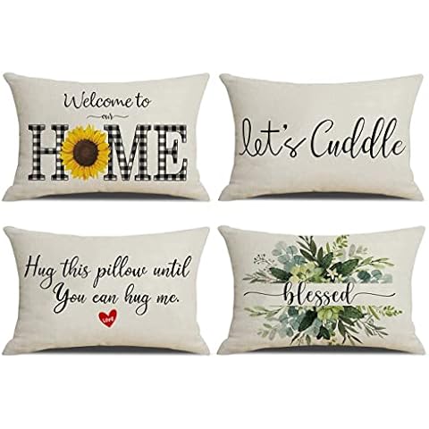 NYDECOR Farmhouse Pillow Covers 12x20 Set of 4 Let's Cuddle Lumbar Pillow Cover Blessed Pillow Case Oblong Rectangle Sunflower Pillowcase Cotton Linen Throw Cushion Covers for Couch Sofa Bed Cover