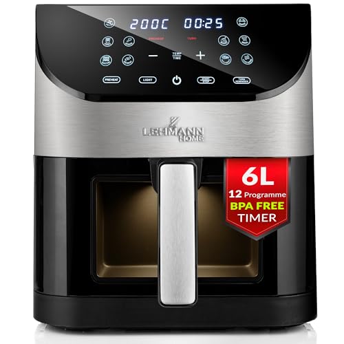 LEHMANN Heißluftfritteuse 6L mit Sichtfenster, 1500 W, Air Fryer mit 12 Programmen, Temperaturkontrolle 76-200°C, Timer, LED-Touchdisplay, Fritteuse ohne Fett für Grillen, Backen und Frittieren