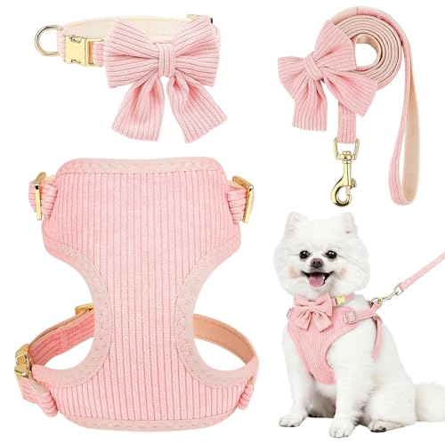 Small Dog Collar Harness and Leash Set, Dog Harness no Pull with Bowtie, Breathable Cotton Adjustable Pet Puppy Harness, Easy Walk Dog Harness, S(14–18.9")
