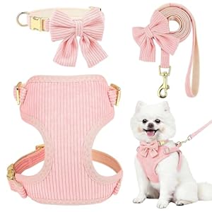 Dog Collar and Leash Set with Bowtie, Girl Dog Collars Metal Buckle Adjustable for Small Medium Dogs (Pink-Harness, M: Neck 13-22″, Chest 16-21″)