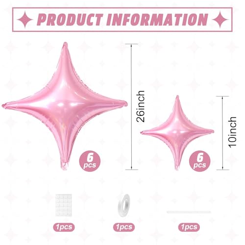 Image of Pink Star Balloons,12Pcs Four Angle Star Foil Balloons | 26Inch and 10Inch Light Pink Quadrangle Star Helium Balloon for Birthday Baby Shower Wedding Party Decorations