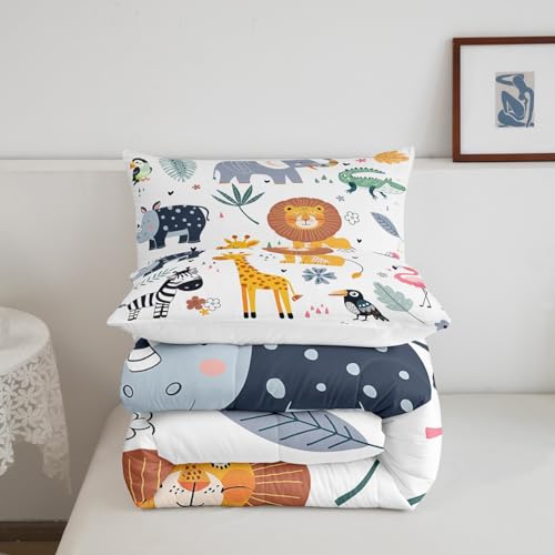 Image of Feelyou Kids Zoo Animal Comforter Set Cute Wild Animals Bedding Set Cartoon Safari Wild Print Comforter for Boys Girls Children Teens Bedroom Decor Exotic Natural Theme Duvet Set Queen Size