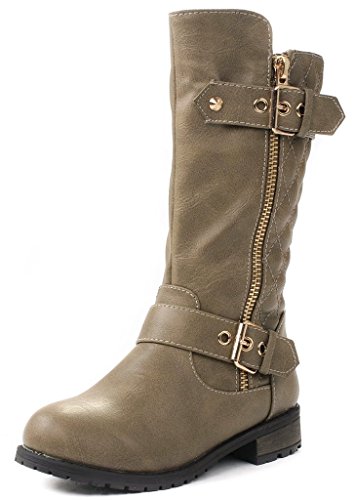JJF Shoes Kids Girls Mango21 Taupe Dual Buckle/Zipper Quilted Mid Calf Motorcycle Boots-12