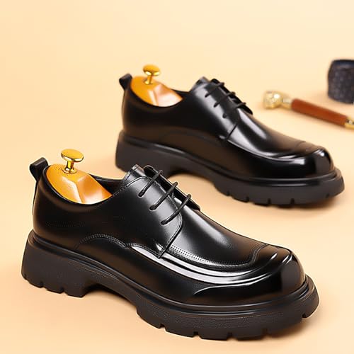 Image of Men's Genuine Leather Platform Chunky Heel Oxford Shoes Classic Casual Lace Up Round Toe Lug Sole Dress Derby Shoes Work Office Business Height-Increasing Shoes