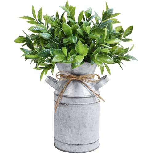 Winlyn Metal Milk Can Vase with Artificial Boxwood Faux Greenery Arrangement Farmhouse Centerpiece Shabby Chic Vintage Galvanized Milk Can Centerpiece 12