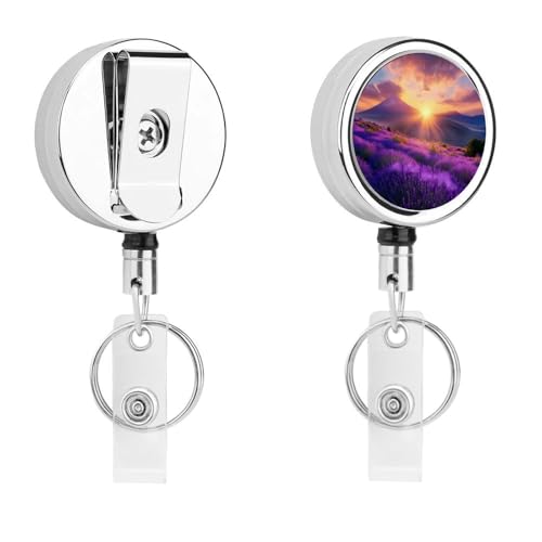 Lavender Flower Mountain Landscape Spring Retractable Badge Holder Metal ID Name Holder Key Ring with Belt Clip