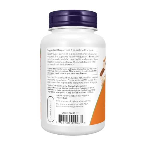 Image of NOW Supplements, Super Enzymes, Formulated with Bromelain, Ox Bile, Pancreatin and Papain, Super Enzymes,90 Capsules