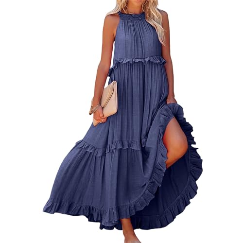 Dotwites Damen Sommer Ärmellos Neckholder Lagenkleid Flowy Rüschen Lagenplissee Langes Strandkleid Sommerkleid (Dunkelblau, L), blau