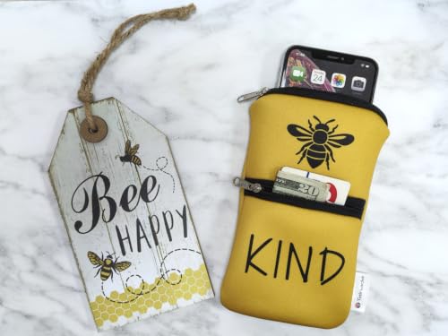 Image of Tainada Dual Zipper Neck Cell Phone Pocket Pouch w /Belt Loop (Be Kind Bee) | For Men /Women; Water-resistant neoprene material, shockproof, lightweight, w /carabiner; Compatible with most of smartphones