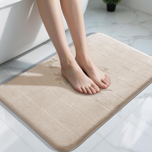 Yimobra Memory Foam Bath Mat, Super Soft Absorbent Bathroom Rug Non Slip 31.5x20 Inch, Quick Dry, Machine Washable Floor Carpet for Tub Shower, Home Decor Accessories, Beige