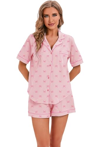 Image of LUBOT 100% Cotton Pajamas for Women 2 Piece PJ Set Button-Down Soft Knit Short Sleeve Summer Sleepwear Loungewear XS-XXL