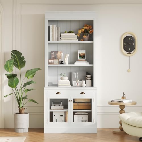 Image of 83.4 inch Tall White Bookshelf, Modern Bookcase with 2 Glass Doors and 1 Drawer,Storage Bookcase with Open Shelves for Living Room,Home Office (White+Glasses Without LED)