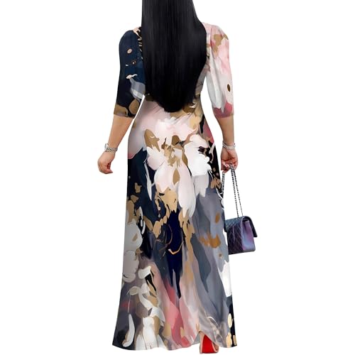 Image of Plus Size Maxi Dresses for Curvy Women Fall Church Dresses 3 /4 Sleeve African Print Dress