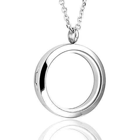 Zysta Silver Round Locket Pendant Necklace 30mm Glossy Stainless Steel Clear Glass Living Memory Floating Charms Stone Storage Cover