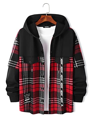 KOYYE Sweat à Capuche Homme Pull à Capuche Manteau Homme Carreaux avec Boutons et Lettres Imprimées Hoodie Shirt de Mode Carreaux 04-Noir M Cover