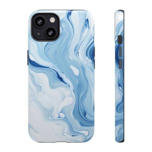 Coque marbre bleu iPhone 13 rigide brillante - Protection design anti-choc fine chic blanche
