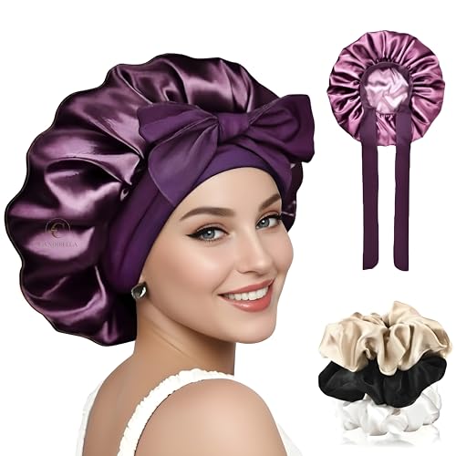 Image of Silk Bonnet for Hair with 3 Scrunchies, Adjustable Hair Cap for Sleeping, Bonnet for Curly Hair with Wide Elastic Tie Band