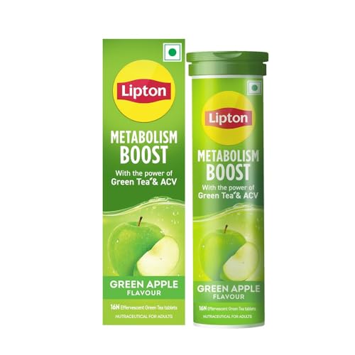 Image of Lipton Metabolism Boost with 150mg Green Tea Catechins and 50mg ACV (Apple Cider Vinegar) | For Weight Loss & Fat Burn | Zero Calories | 16N Effervescent Tablets | Green Apple Flavour