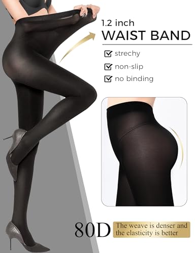 Buauty 80D Black Tights for Women,Opaque Tights Soft, High Waist Soft Nylon Pantyhose
