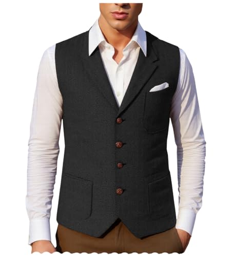Mens Retro Suit Vest Tweed Wool Regular Fit Dress Waistcoat Herringbone for Jacket